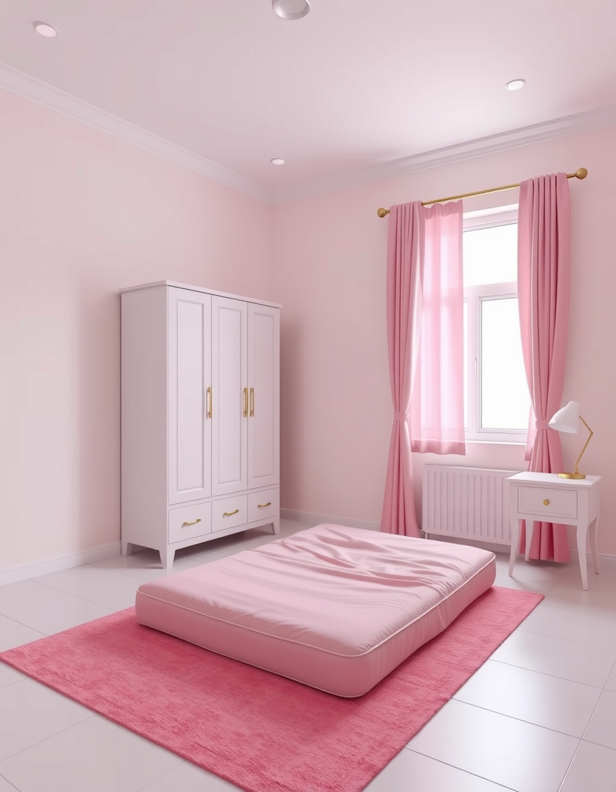Room Design idea: AI room design, full room layout furniture and lighting, photorealistic interior render, Realistic photo of a modest bedroom, pink and gold decor. A s