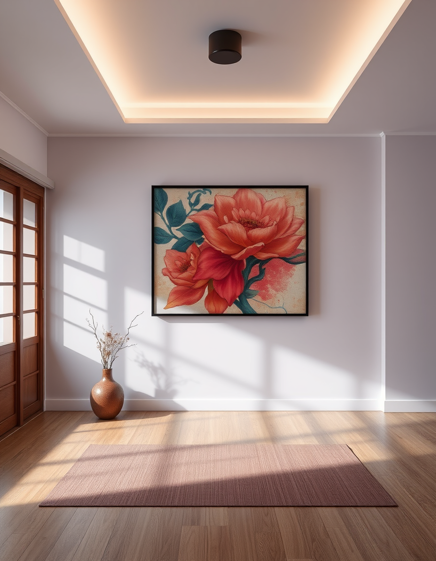Paint Color idea: room repainted in a new wall color from the photo, accurate paint finish, photorealistic interior render, japanese art abstract , paint color visualiz