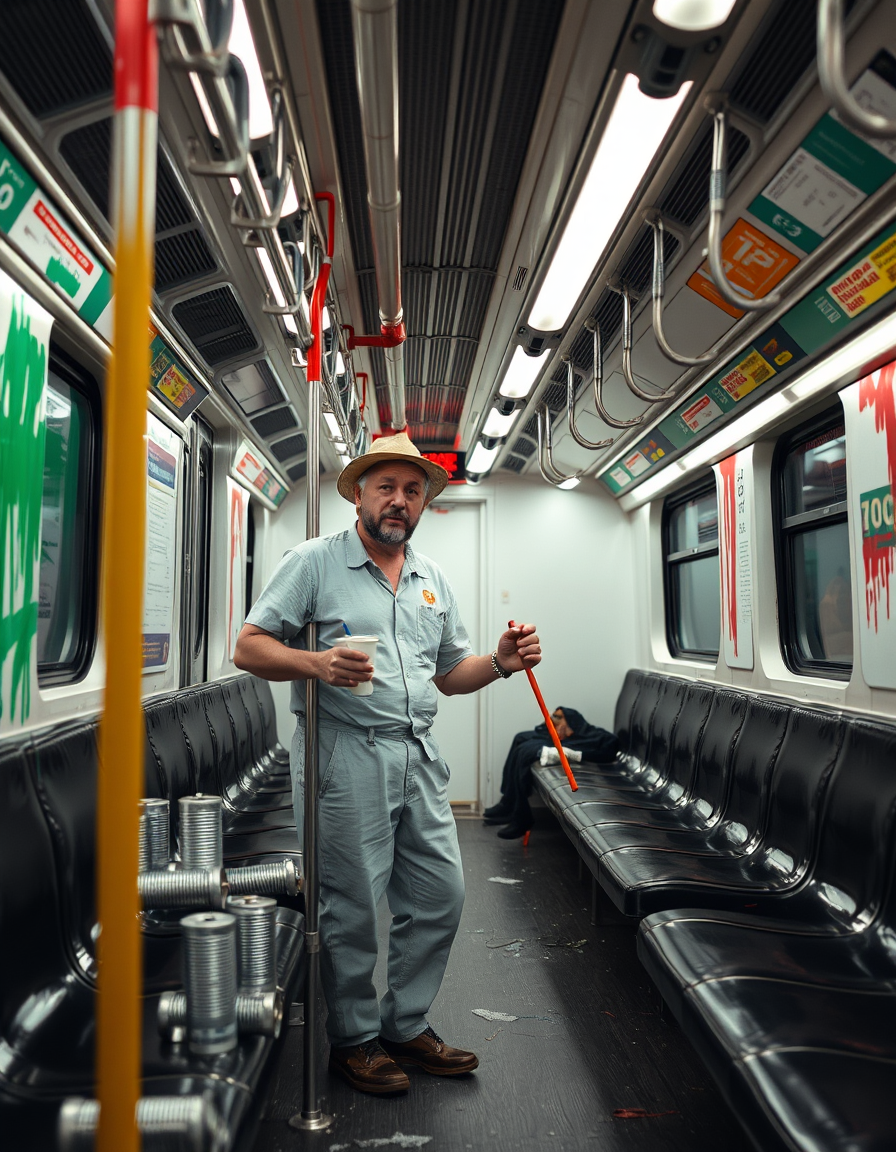 Main painting studio: Housepainter on the subway with all his cans and rollers