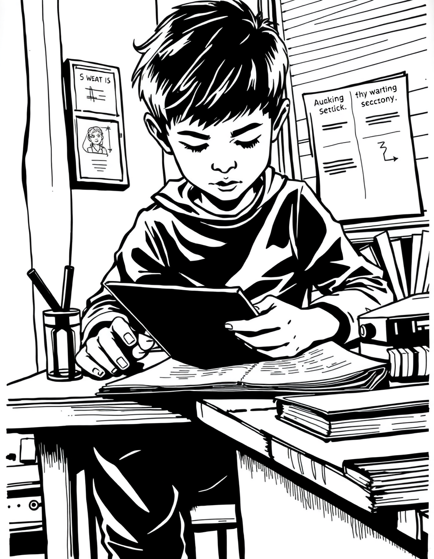 Comic Art idea: comic art, bold ink lines, halftone shading, dynamic composition, a child studying on a desk , graphic novel illustration, comic panel ready
