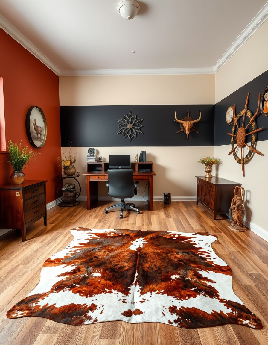 Paint Color idea: room repainted in a new wall color from the photo, accurate paint finish, photorealistic interior render, office setting one wall rust behind the wood
