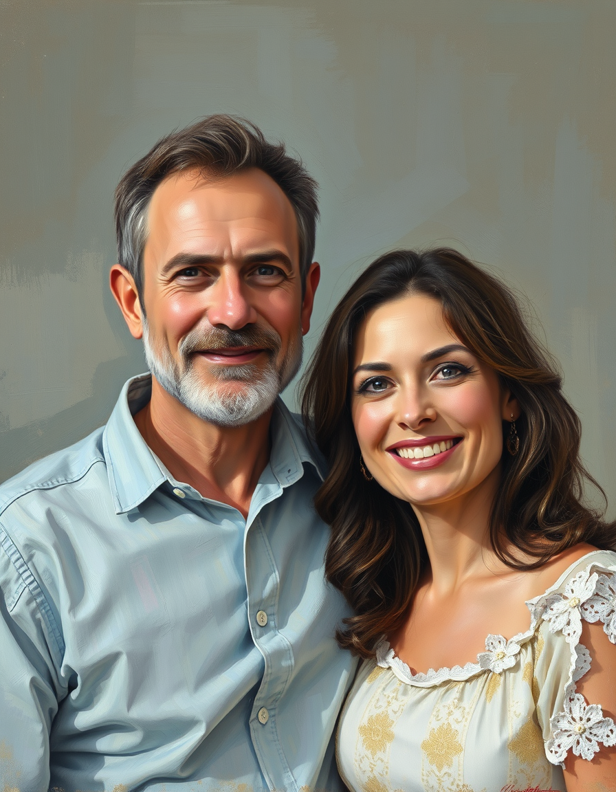 Photo To Paintings idea: painting from the photo, rich brushstrokes, painterly texture, Wife and I , fine-art painting portrait