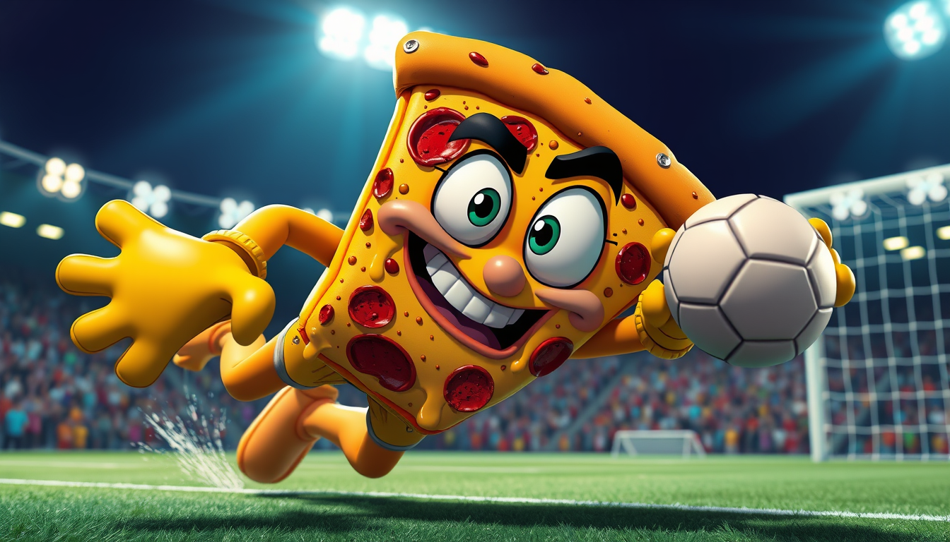 Comic Art idea: comic art, bold ink lines, halftone shading, dynamic composition, 3D cartoon render, seriou bad ass pizza slice character as a football goalkeeper div