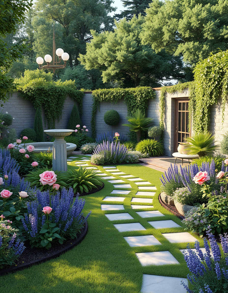 Garden Design idea: AI garden design, lush landscaped yard, plants pathways and seating, photorealistic render, Giardino all'inglese con rose, lavanda e un sentiero di pi