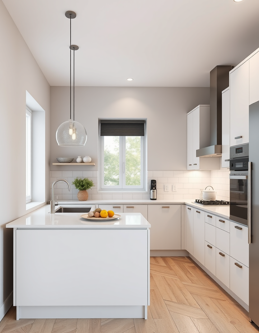 Kitchen Design idea: AI kitchen design, modern cabinetry countertops and lighting, photorealistic interior render, dwukolorowa kuchnia z dolnymi szafkami w kolorze szałwio