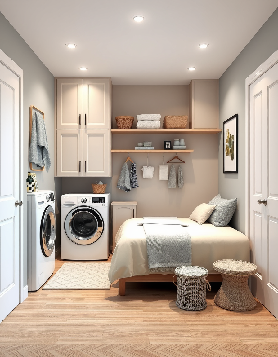 Interior Design idea: AI interior design, cohesive furniture layout decor and lighting, photorealistic interior render, Please design for me a laundry room combined with gu
