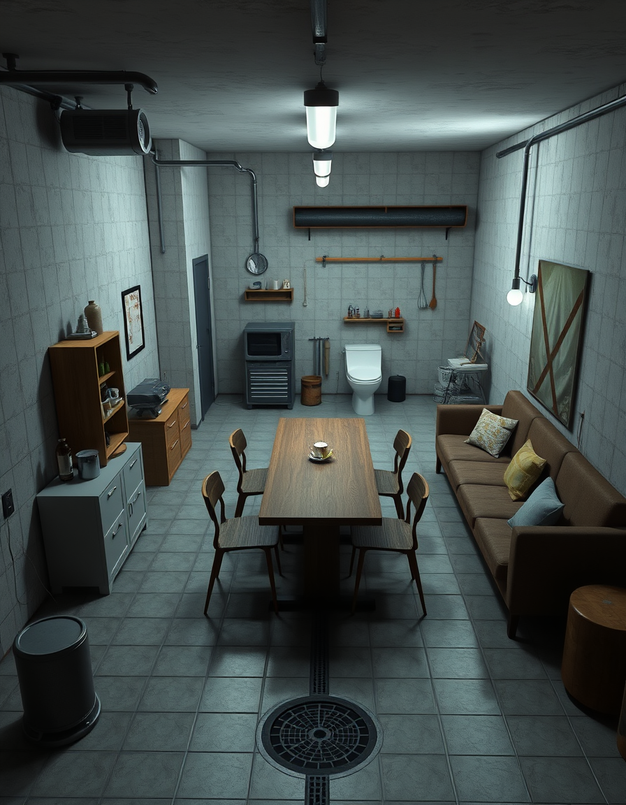 Interior Design idea: AI interior design, cohesive furniture layout decor and lighting, photorealistic interior render, A 20-30 square meter room. Garage/warehouse vibe. Ti