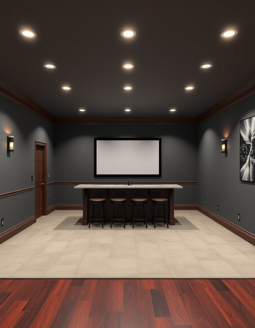 Paint Color idea: room repainted in a new wall color from the photo, accurate paint finish, photorealistic interior render, Basement Home Theater Setup with a Bar, Dark