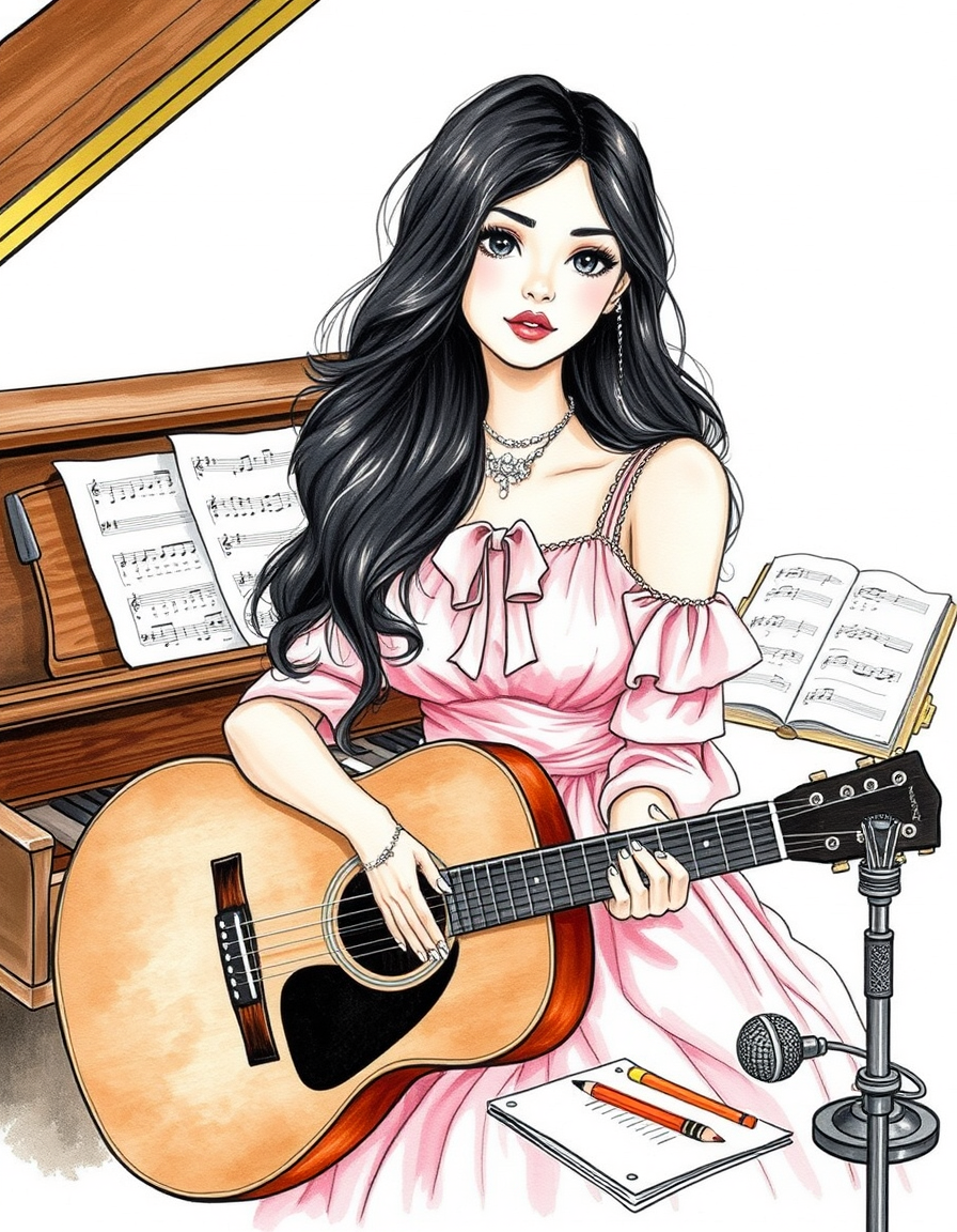 Main painting studio: Dreamy hand-drawn fashion illustration of a beautiful young singer-songwriter with long, soft wavy black hair and deep black eyes. She wears a romanti