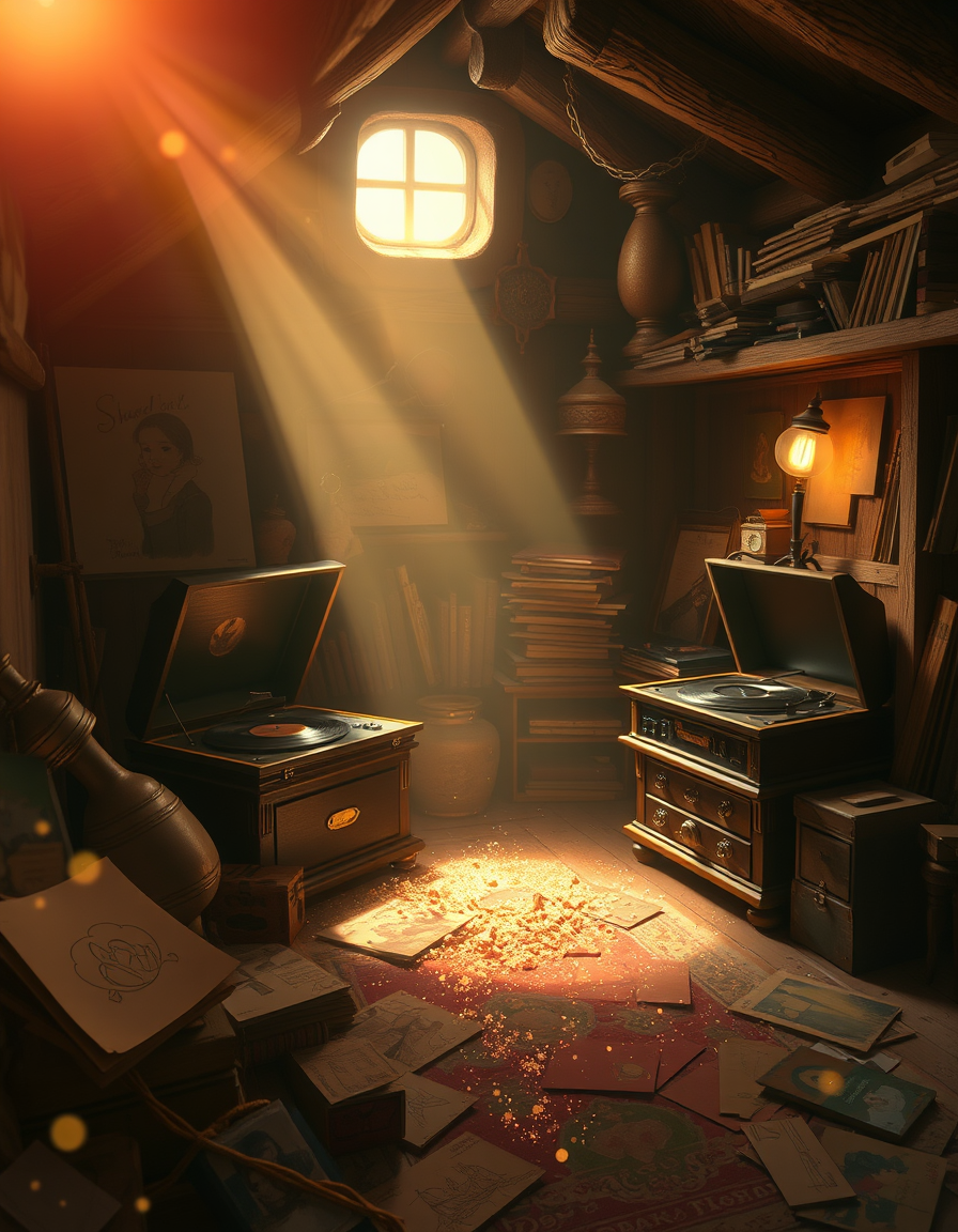 Book Covers idea: cover-ready concept art organized around genre, focal point, and title-safe space, deliberate composition, A warm, cozy corner of a hidden attic fille