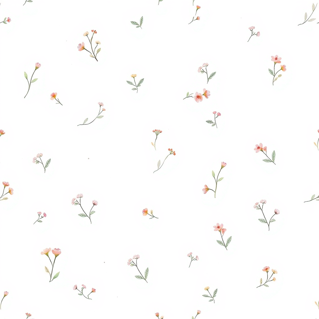 Watercolor idea: watercolor painting, soft transparent washes, wet-on-wet bleeds, paper texture visible, Minimal watercolor floral pattern, delicate small flowers and 