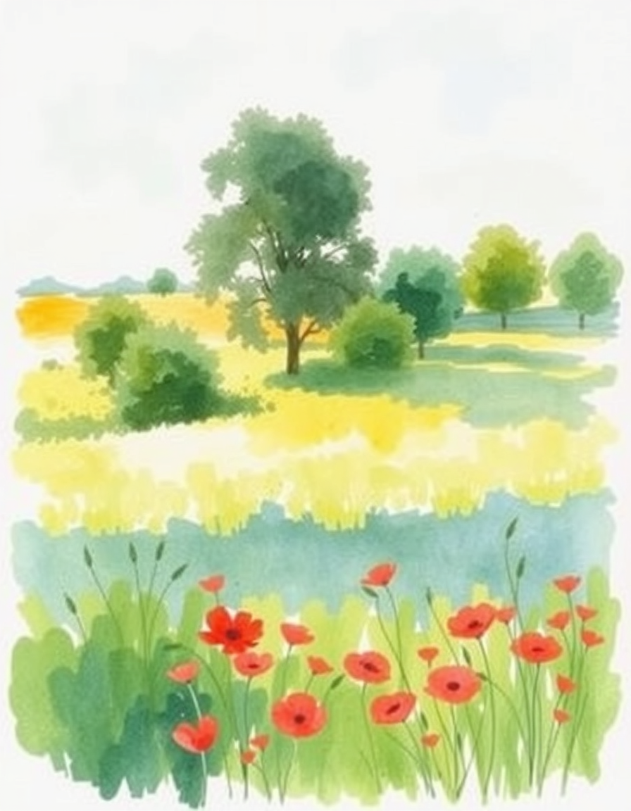 Main painting studio: An amateur impressionist watercolor country scene, fields, trees, poppies, summer light