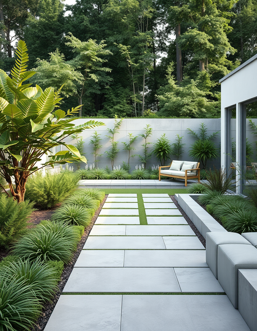 Garden Design idea: AI garden design, lush landscaped yard, plants pathways and seating, photorealistic render, Giardino minimalista moderno con ghiaia, erbe ornamentali 