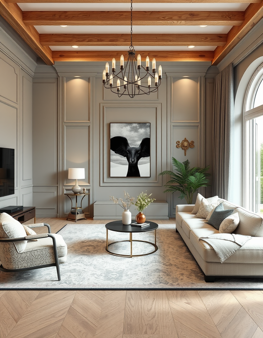 AI Room Design idea created from the prompt: AI room design, full room layout furniture and lighting, photorealistic interior render, livng room with benjamin moore sheeps wool #857 , r