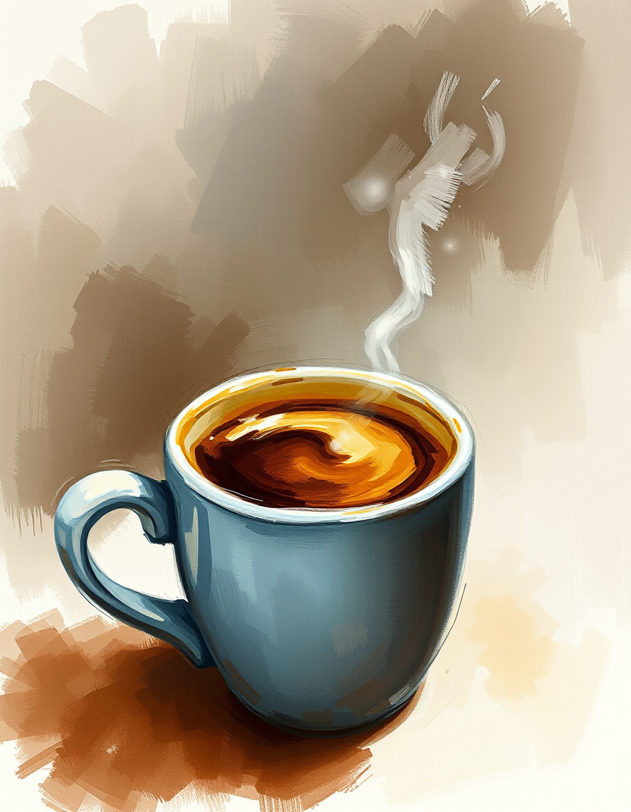 Main painting studio: impressionist coffee espresso, mug, loose visible brushstrokes.