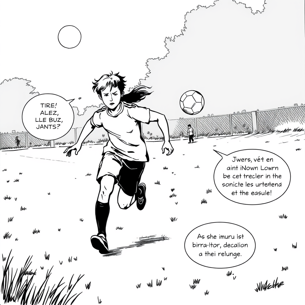 Comic Art idea: comic art, bold ink lines, halftone shading, dynamic composition, James et Eva couraient sur le terrain, le ballon entre eux. — Tire ! Allez, James ! 