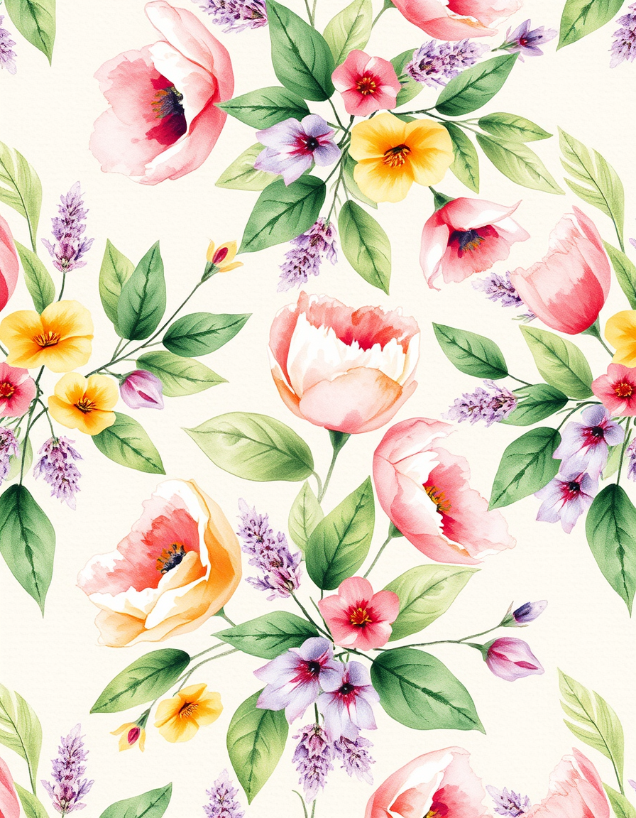 Watercolor idea: watercolor painting, soft transparent washes, wet-on-wet bleeds, paper texture visible, Seamless pattern for scarf fabric, delicate watercolor floral 