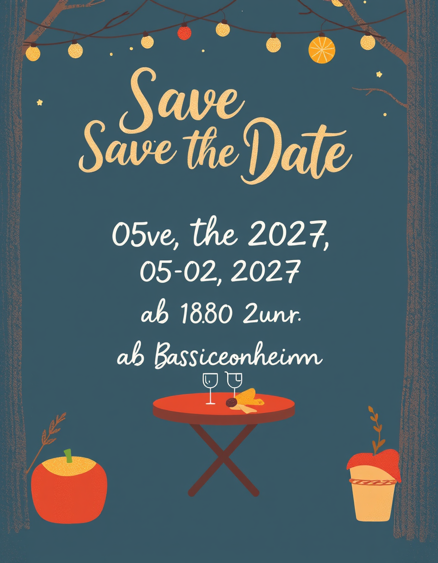 Greeting Cards idea: greeting card design, warm illustration, space for message, Grußkarten Rückseite mit geschwungener Schrift, wo drauf steht: Save The Date 05.02.2027 a