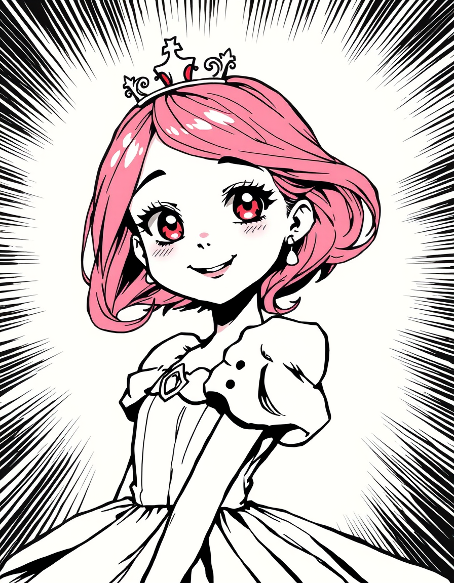 Comic Art idea: comic art, bold ink lines, halftone shading, dynamic composition, A beautiful girl with pink hair, red eyes, and a sweet, childlike smile on her face,