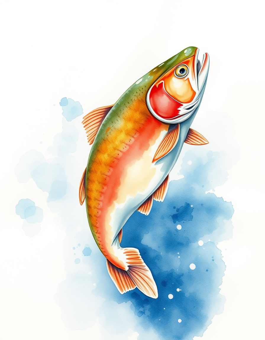 Watercolor idea: watercolor painting, soft transparent washes, wet-on-wet bleeds, paper texture visible, A detailed image of a Salmon swimming in water with colors tha