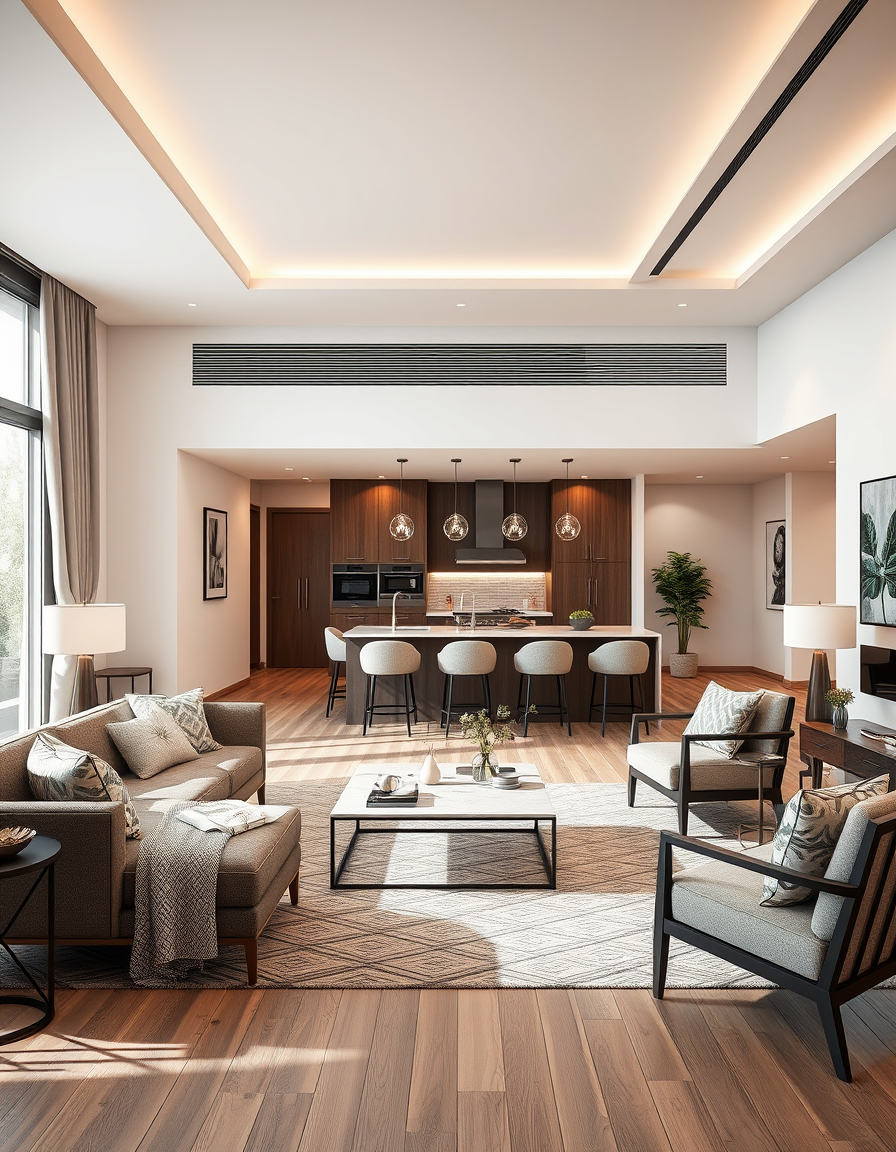 Interior Design idea: AI interior design, cohesive furniture layout decor and lighting, photorealistic interior render, Living room with open kitchen and dining , interior