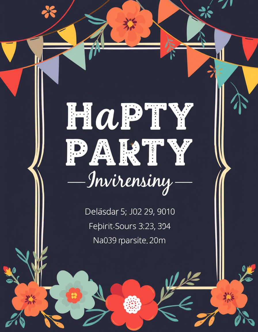 Invitation idea: party invitation design, festive layout, decorative border, space for event details, je souhaiterai réaliser un faire part de naissance , printable in