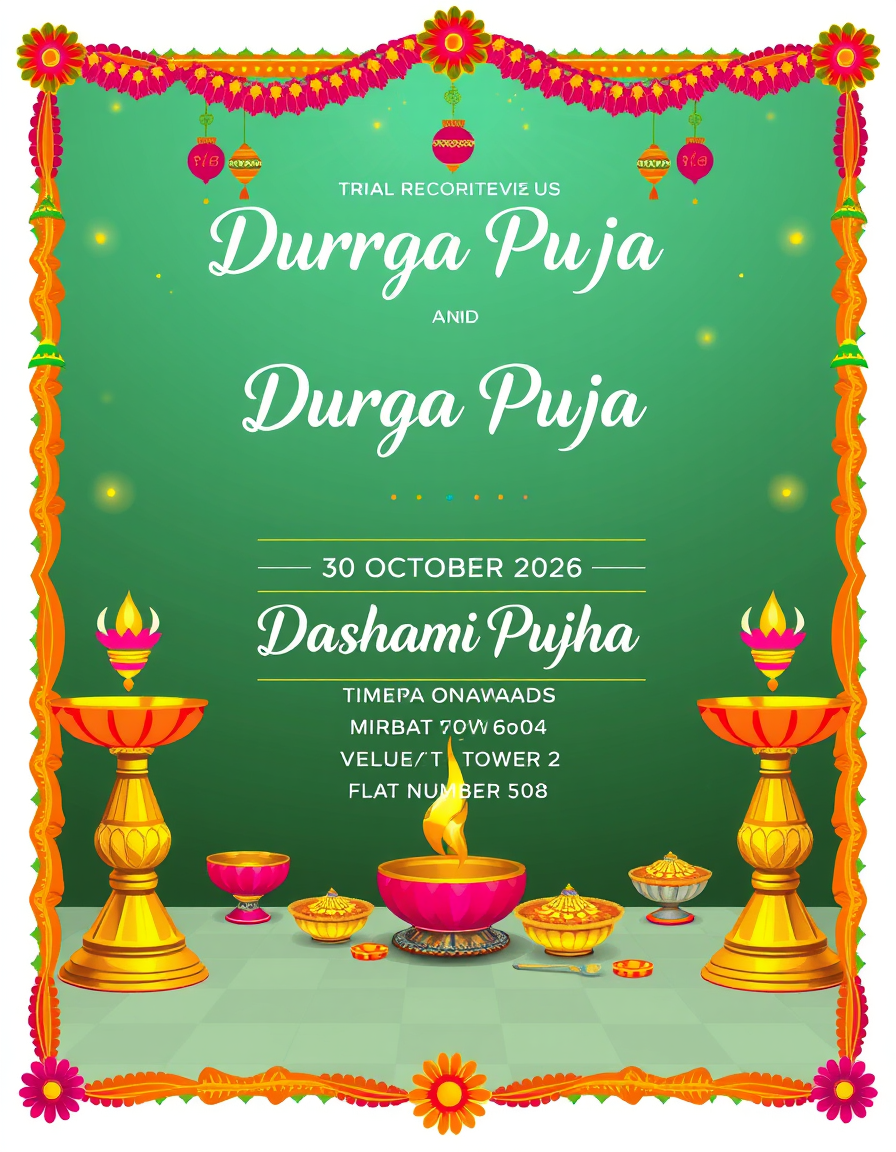 Invitation idea created from the prompt: party invitation design, festive layout, decorative border, space for event details, durga puja invitation card . The date is 30 october 202