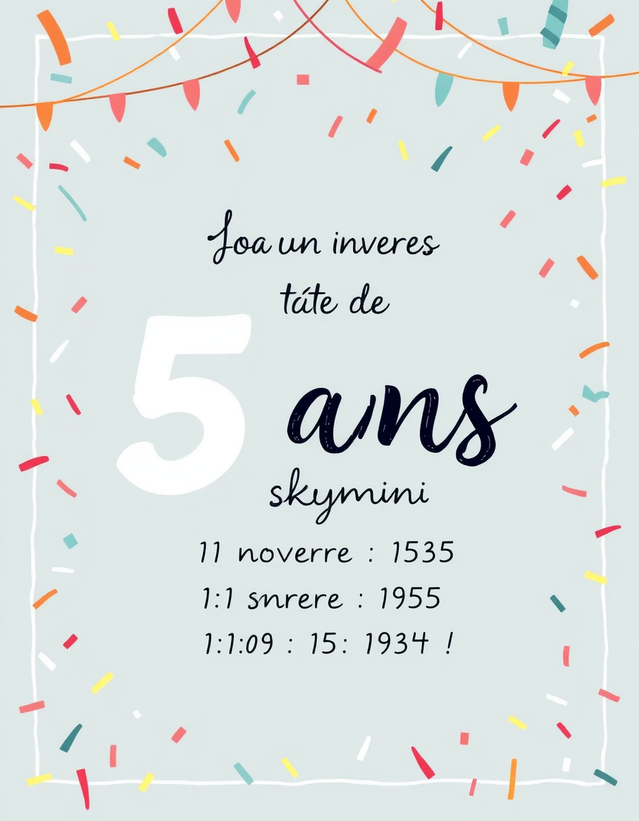 Invitation idea: party invitation design, festive layout, decorative border, space for event details, une invitation d'anniversaire avec confettis et typographie manus