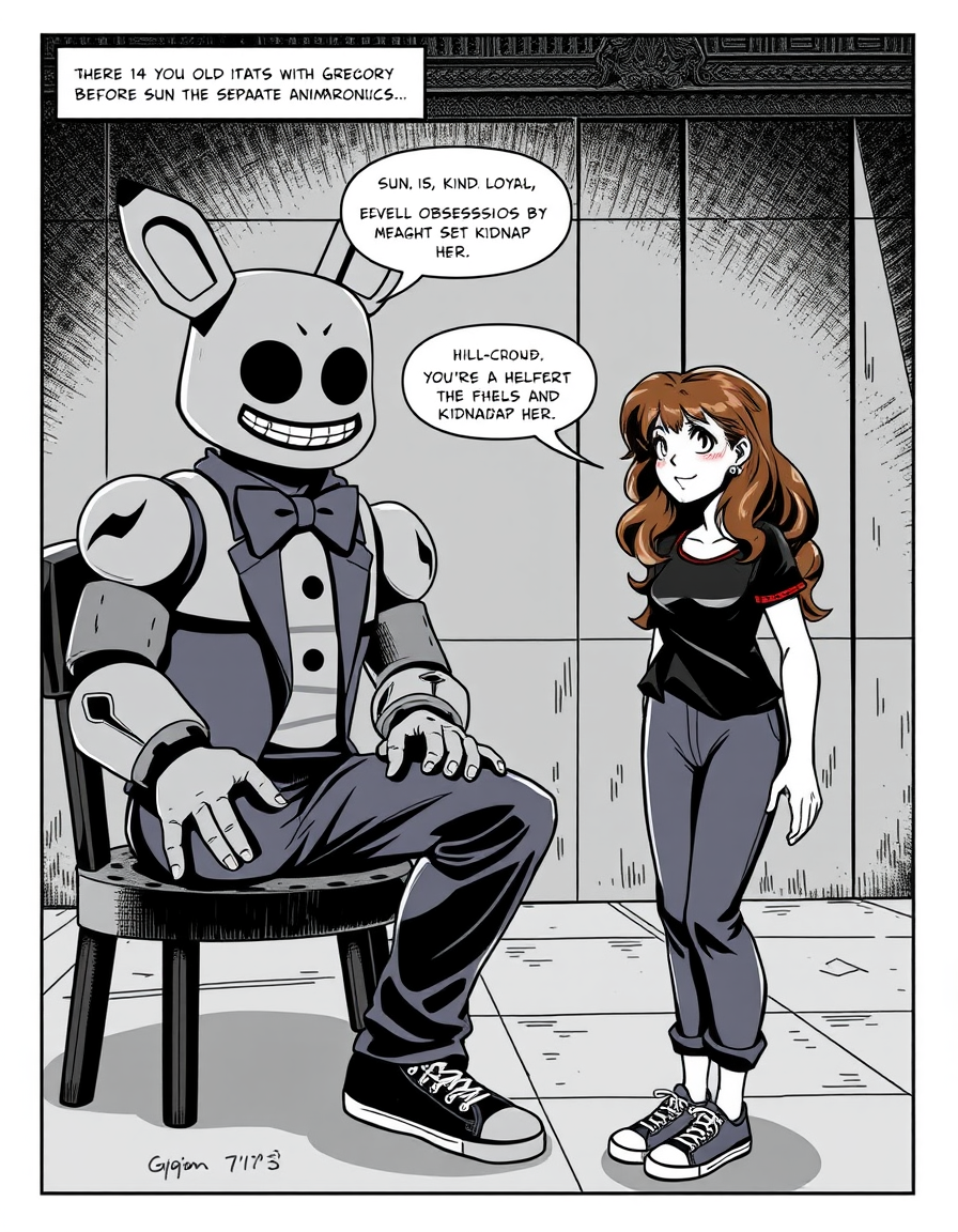 Comic Art idea: comic art, bold ink lines, halftone shading, dynamic composition, Create a yandere FNAF: Security Breach comic where 14-year-old Gigi chats with Grego
