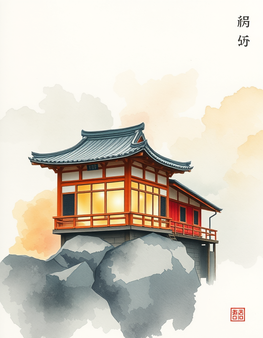 Picture Into Watercolor idea: turn picture into watercolor, transparent washes, paper texture, soft pigment edges, 街角の写真を水彩画に、雨の反射、ゆるいインクエッジ、落ち着いた青と琥珀のパレット , delicate watercolor pa