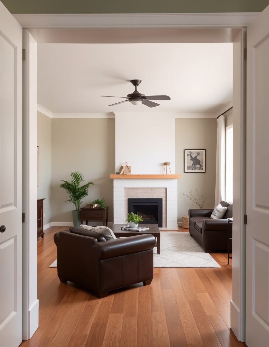 Main painting studio: Design living room. Starting from doorway. Window is placed on right side of room and is the only light source. Dark brown leather sofa left side of r