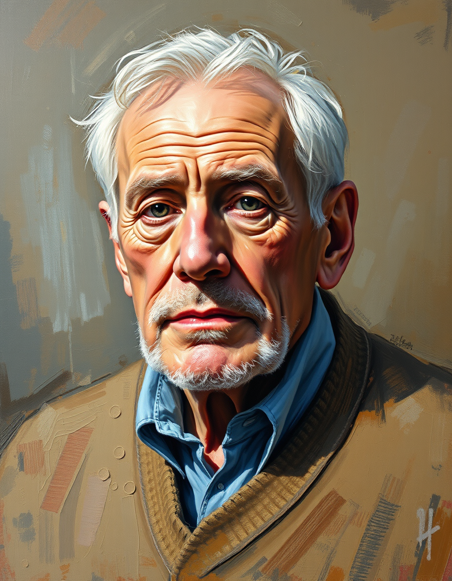 Photo To Paintings idea: painting from the photo, rich brushstrokes, painterly texture, a portrait of an elderly man in oil paint with warm chiaroscuro lighting and rich impas