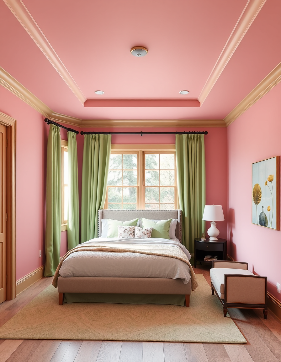 Paint Color idea: room repainted in a new wall color from the photo, accurate paint finish, photorealistic interior render, master bedroom with rachel pink walls, total
