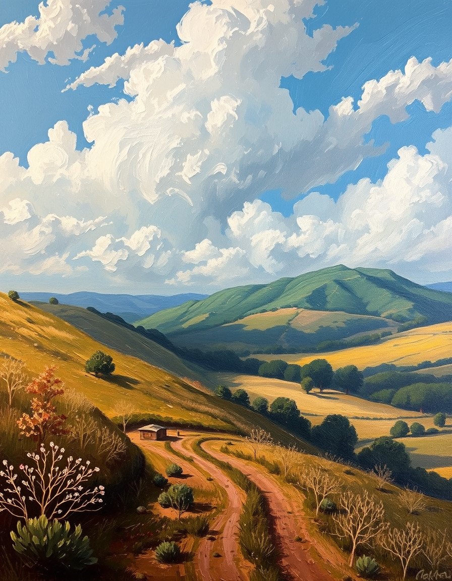 Oil Paintings idea: oil painting style, rich textures, brushstrokes, impasto technique, Countryside and clouds , classical oil painting, museum quality
