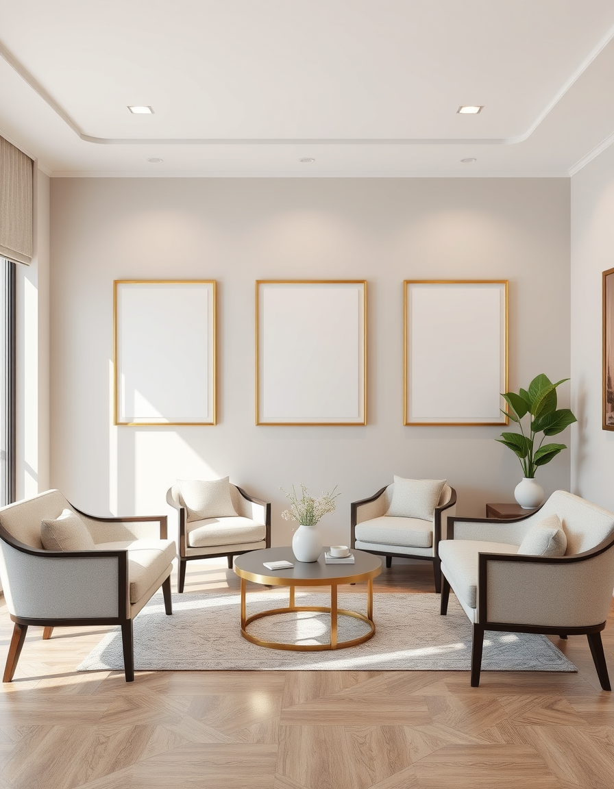 Virtual Staging idea: virtually staged empty room from the photo, tasteful furniture and decor added, photorealistic interior render, mock up med spa with transitional deco