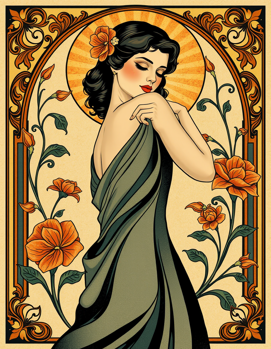 Art Nouveau idea created from the prompt: art nouveau illustration, flowing organic lines, decorative panel borders, ornamental floral motifs, a woman from the 1930s painted in abstr