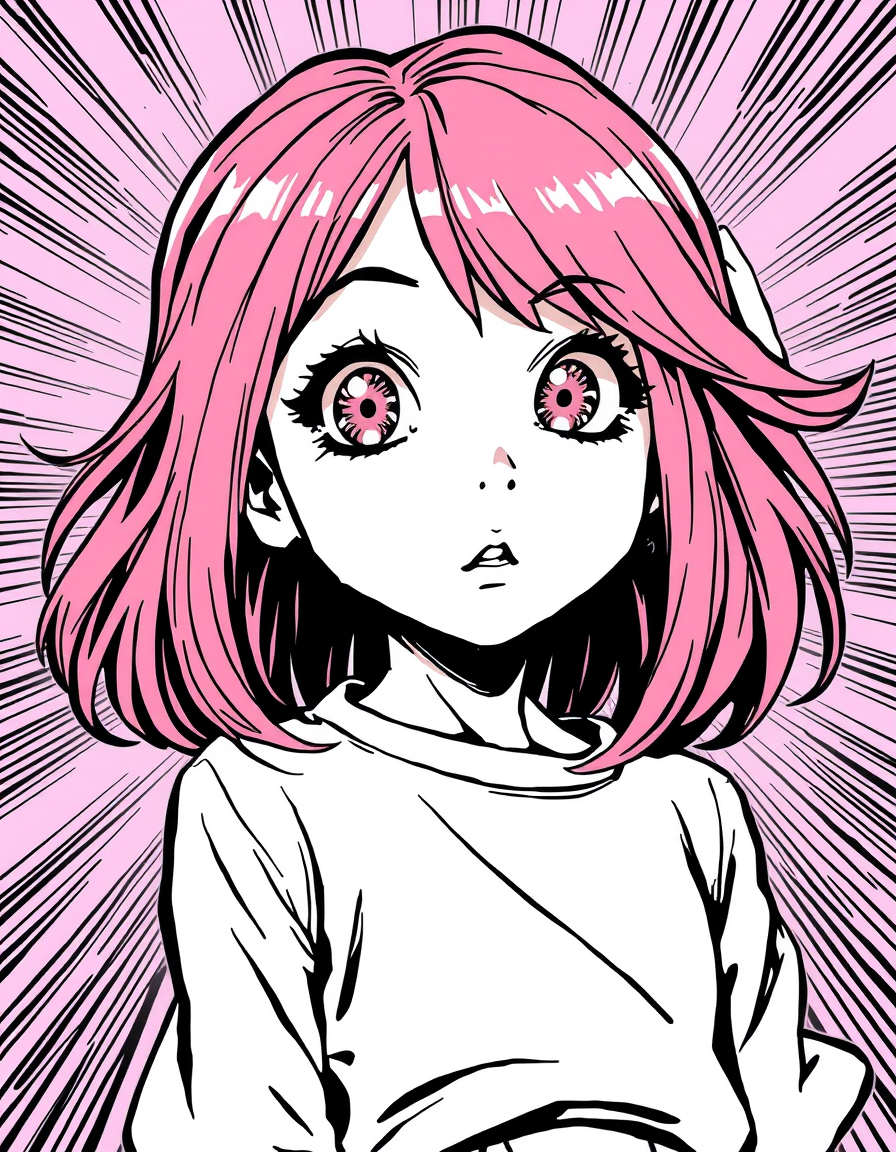 Comic Art idea: comic art, bold ink lines, halftone shading, dynamic composition, A little girl with pink hair and red eyes , graphic novel illustration, comic panel