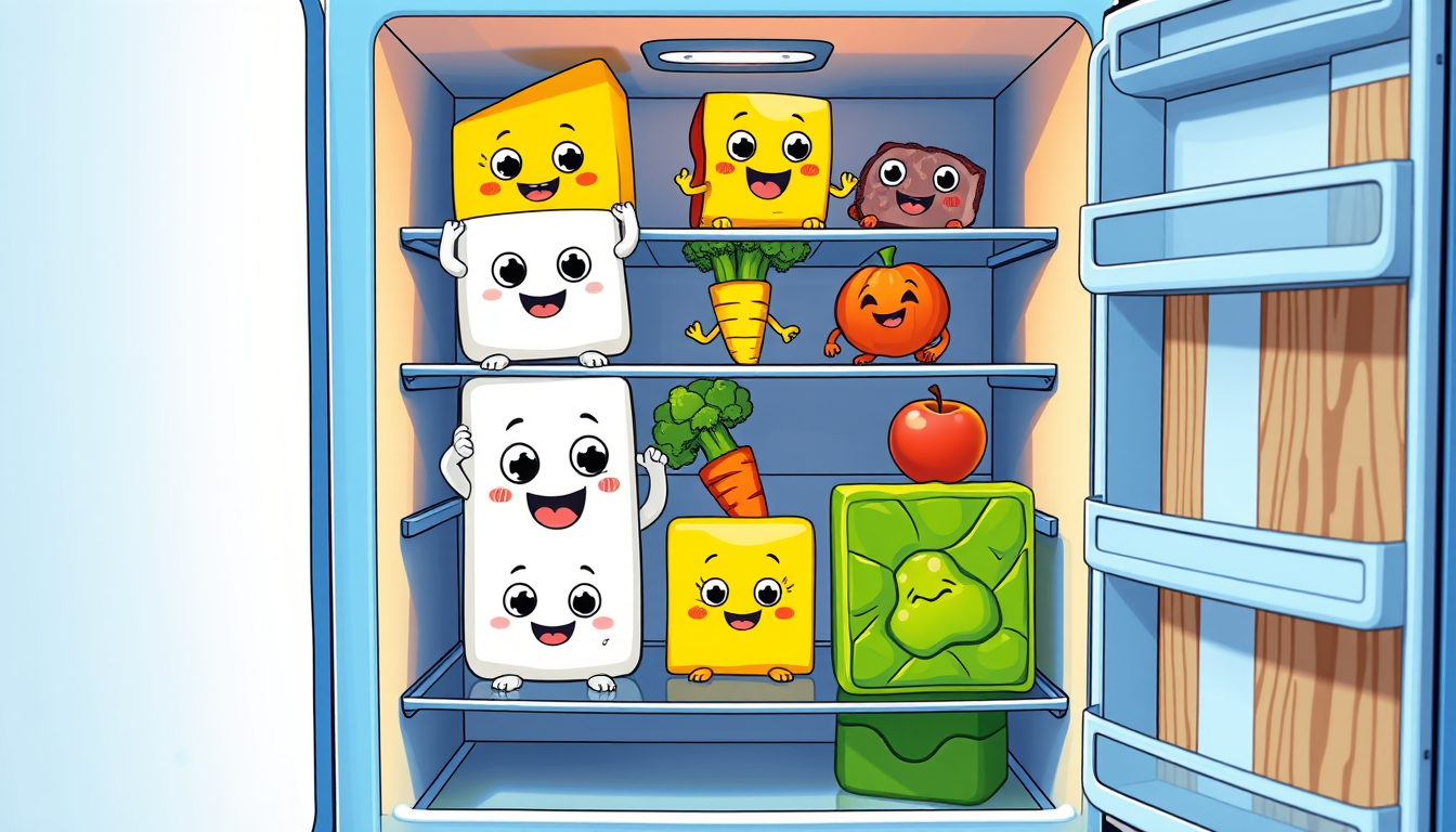 Comic Art idea: comic art, bold ink lines, halftone shading, dynamic composition, Pixar-style 3D animated banner for a puzzle game "Fridge Tetris": cute smiling food