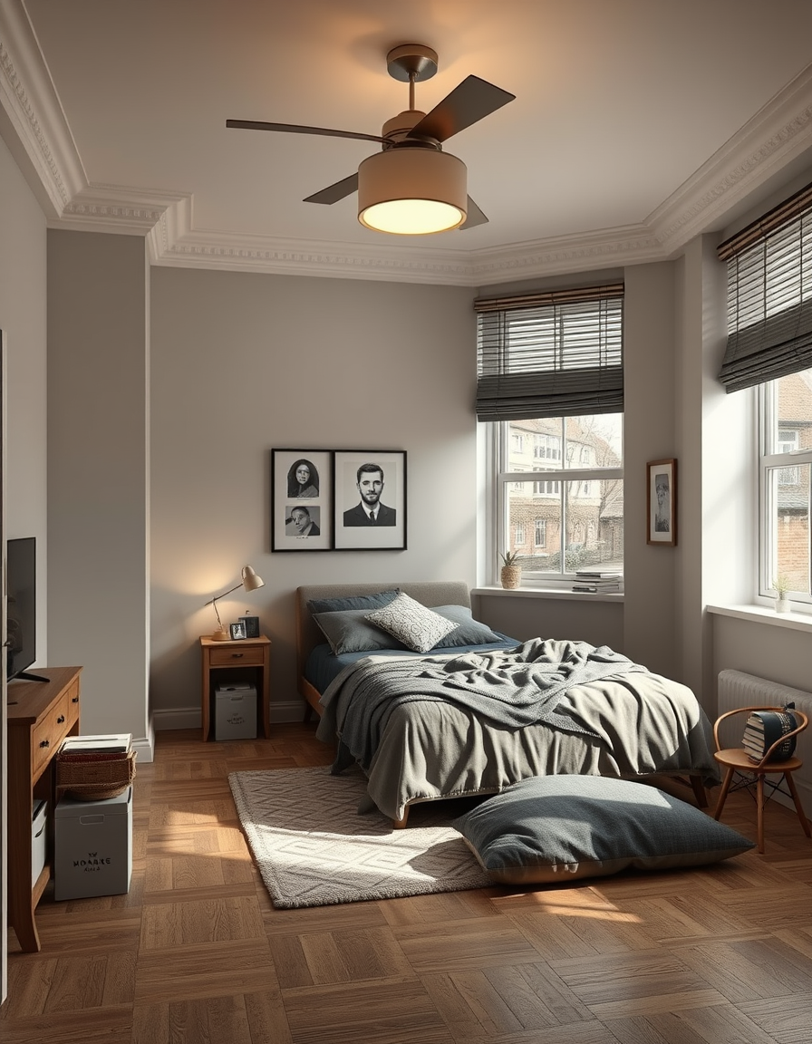 Room Design idea: AI room design, full room layout furniture and lighting, photorealistic interior render, a messy uk bedroom , room design visualization