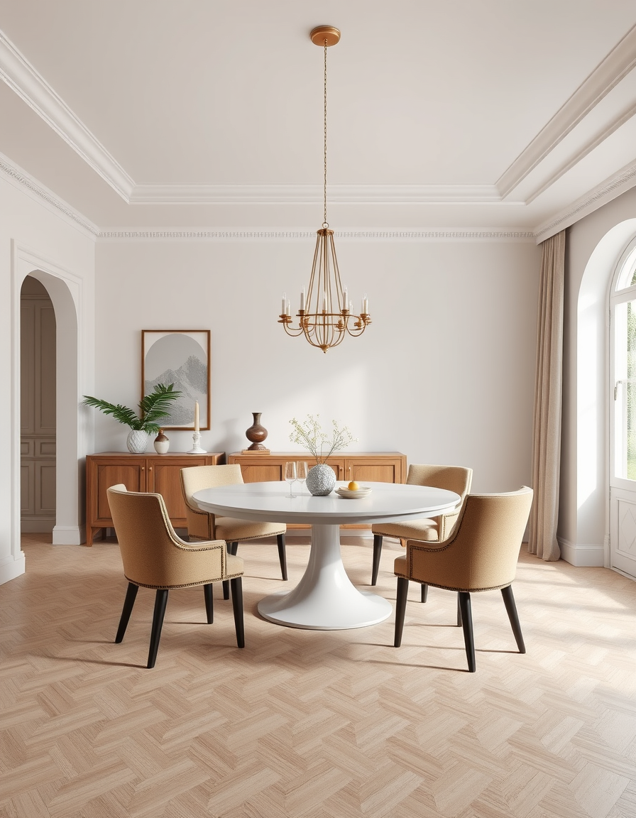 Virtual Staging idea: virtually staged empty room from the photo, tasteful furniture and decor added, photorealistic interior render, une salle à manger vide meublée avec u