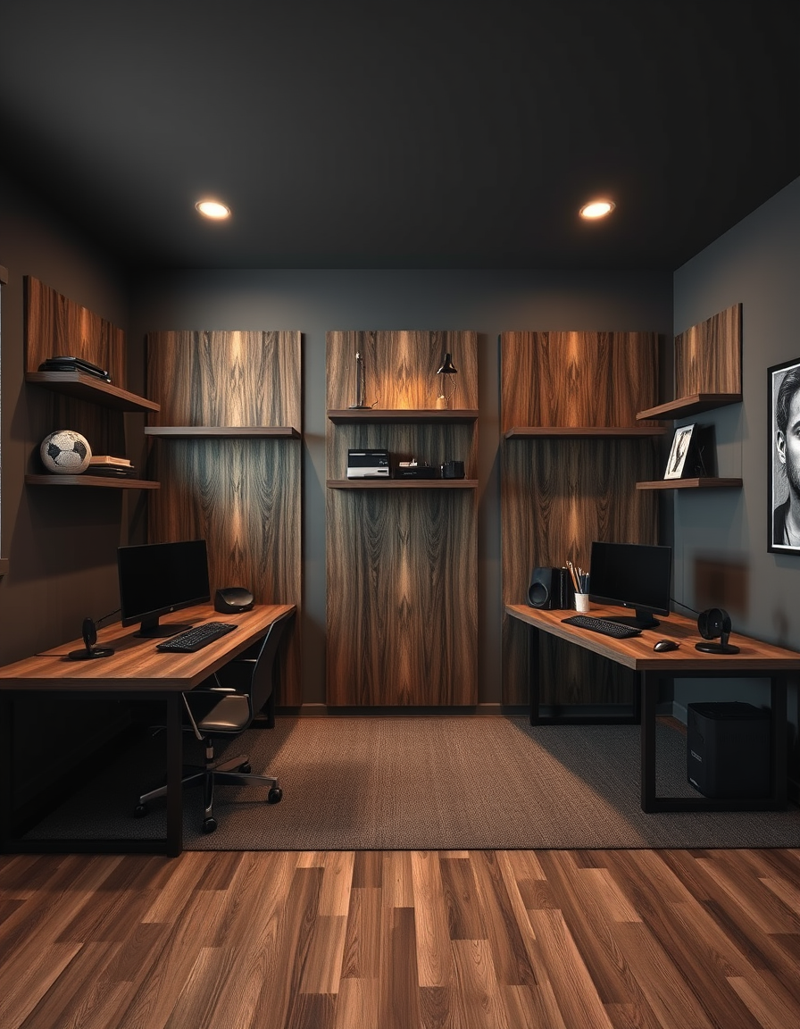 Main painting studio: A moody game room/ office. two desk on opposite walls. above one desk it needs to have three sections of acoustic wood paneling that end with floating