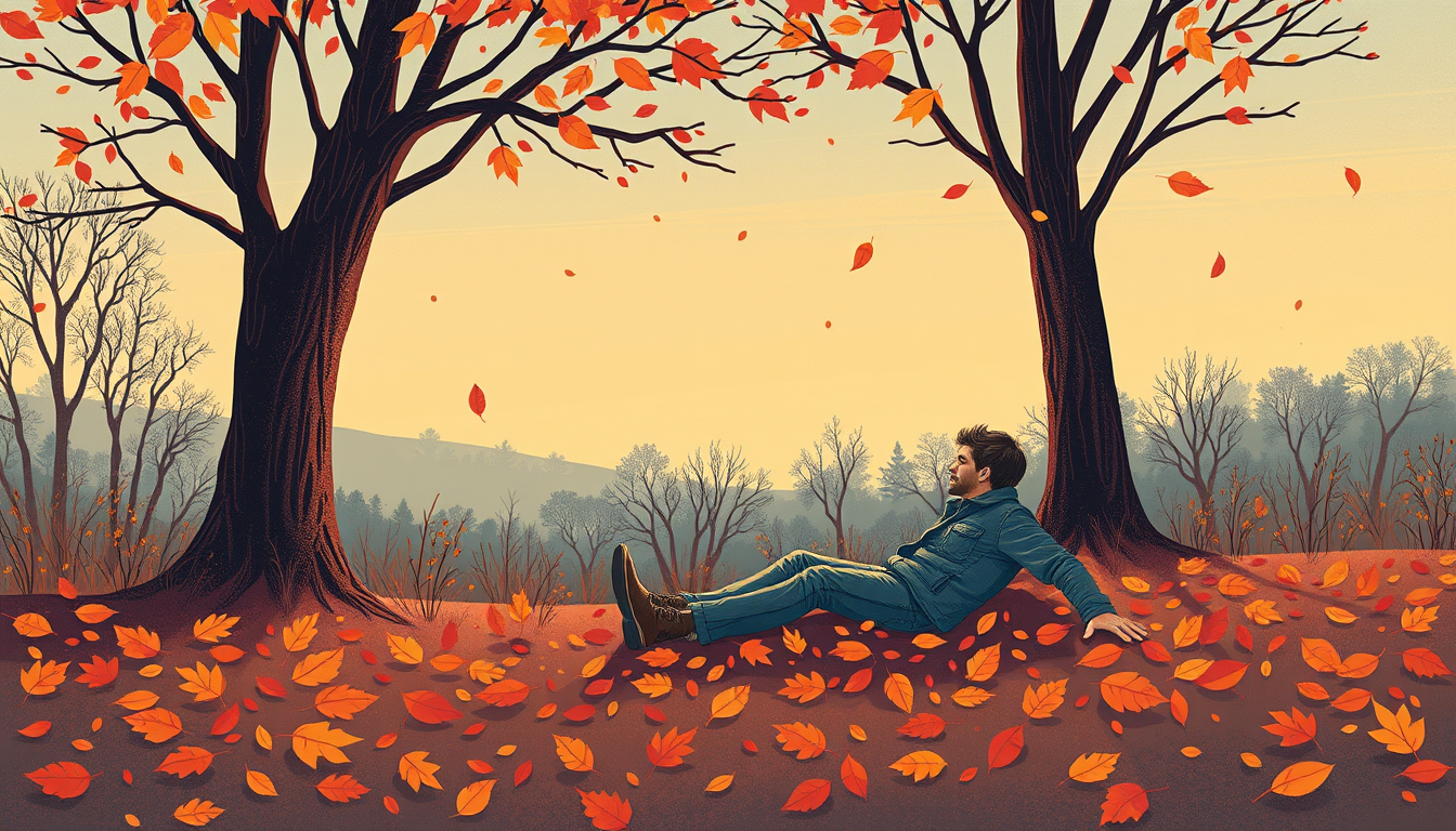 Greeting Card idea created from the prompt: greeting card design, warm illustration, space for message, A cozy autumn evening with a man slipping on leaves on the ground , printable gr