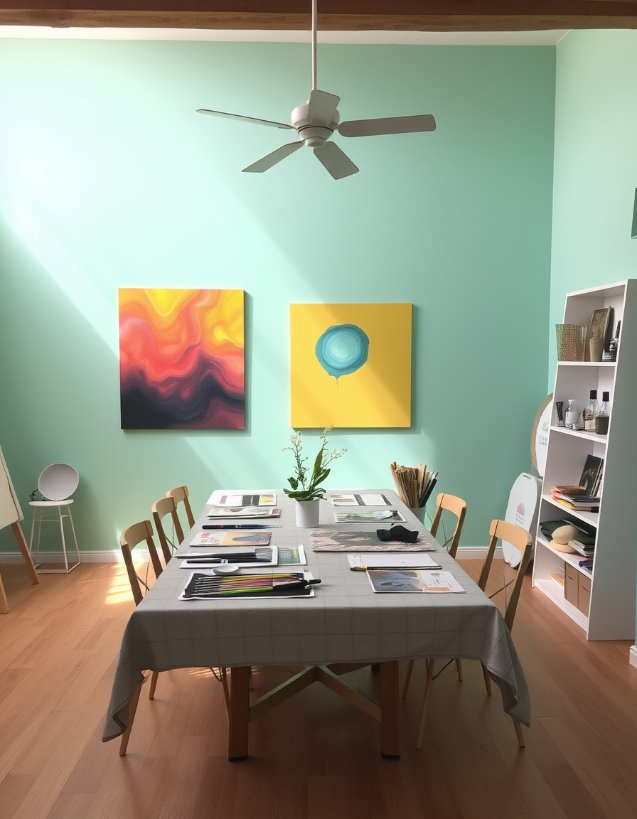 Main painting studio: Sala d'artteràpia de 18 m², càlida i acollidora, sostre llis sense bigues, fusta clara, colors suaus, taula gran, 6 cadires, 2 butaques i armari per a