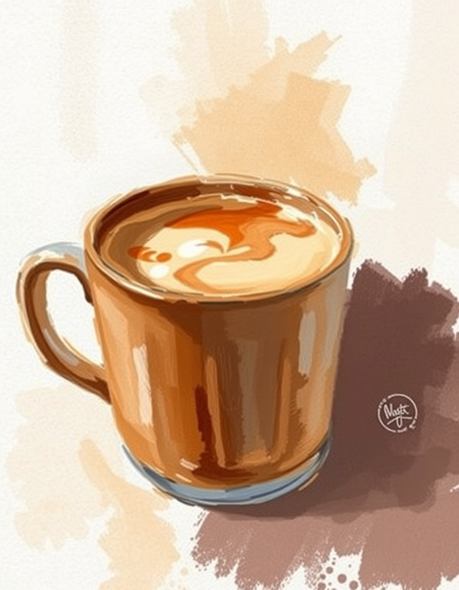Main painting studio: impressionist coffee mocha, mug, loose visible brushstrokes.