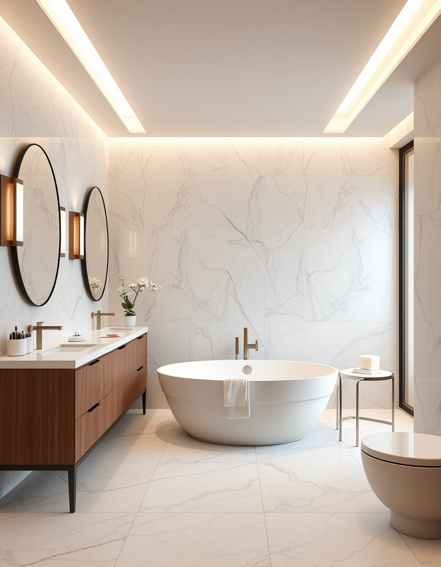 Bathroom Design idea: AI bathroom design, tiled surfaces vanity and fixtures, photorealistic interior render, spa-like bathroom with large marble tiles, a freestanding soak