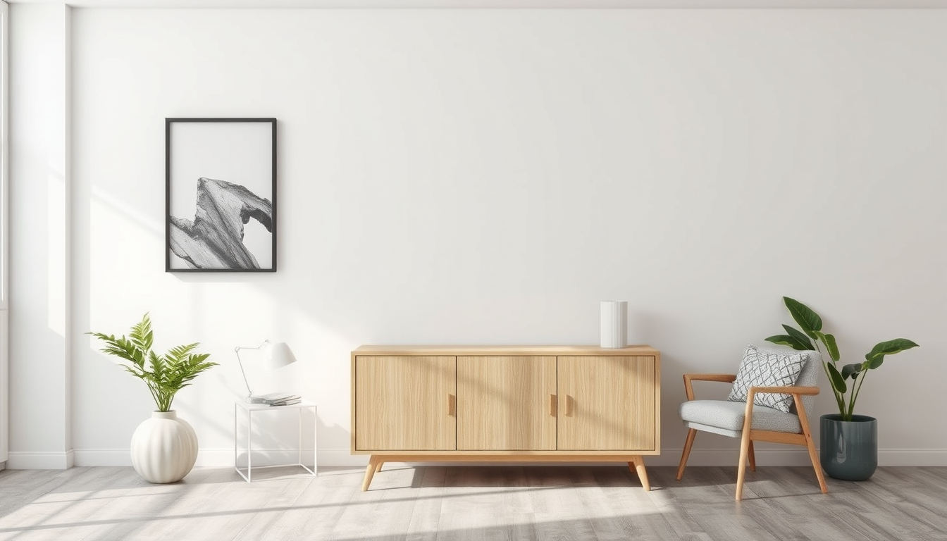Room Paint idea: room paint visualization, preserve furniture layout and lighting, change wall color only, Eine Wand wo ein Jysk Sandy Sideboard mit 3 türen vorsteht, 