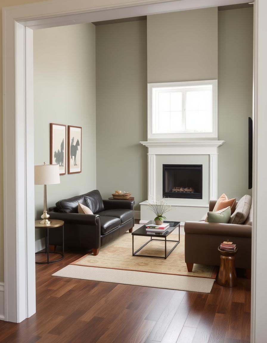 Main painting studio: Design living room. Starting from doorway. Window is placed on right side of room and is the only light source. Dark brown leather sofa left side of r