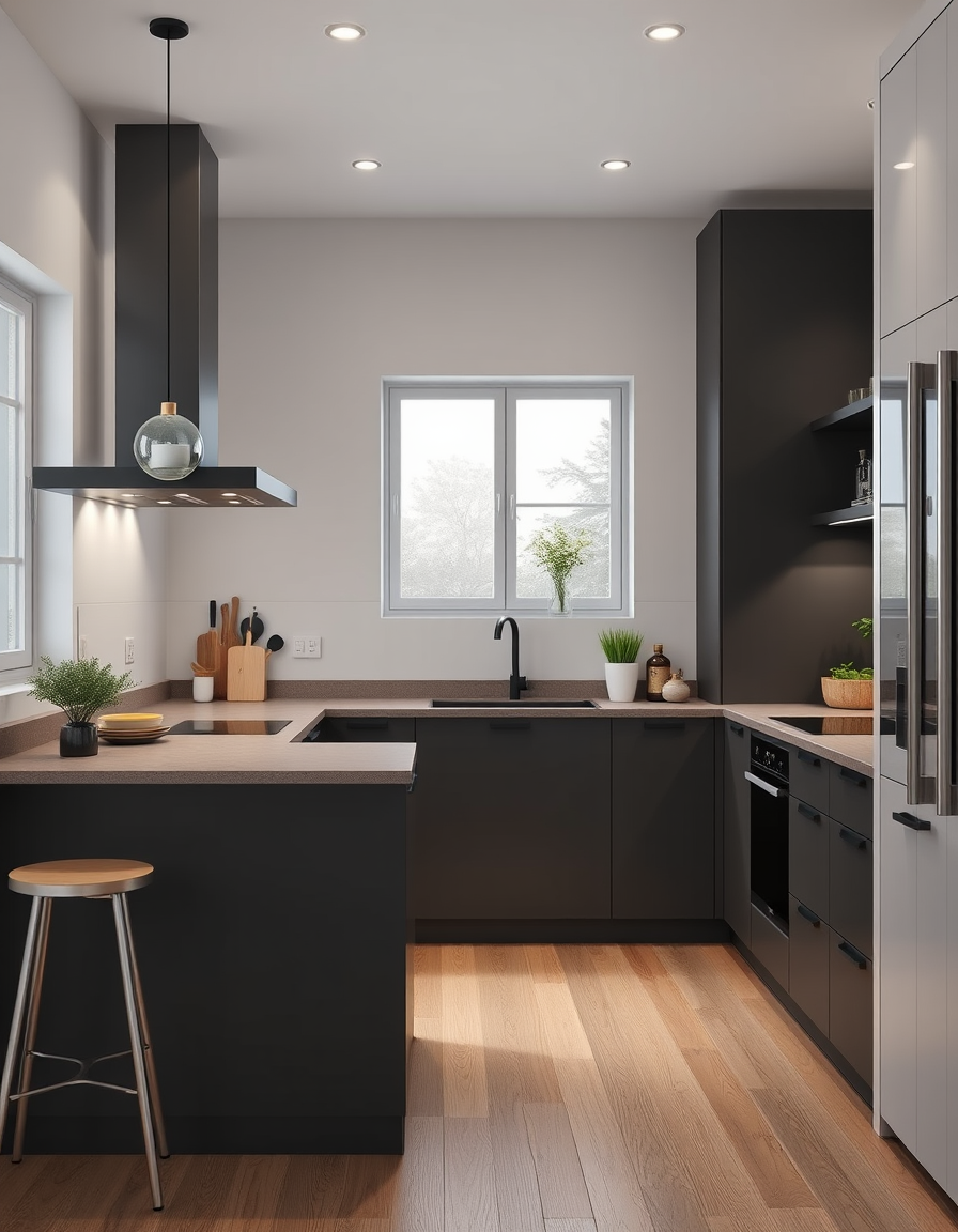 Kitchen Design idea: AI kitchen design, modern cabinetry countertops and lighting, photorealistic interior render, Kuhinja L oblika 200x140 cm, bez hladnjaka, perilica suđ