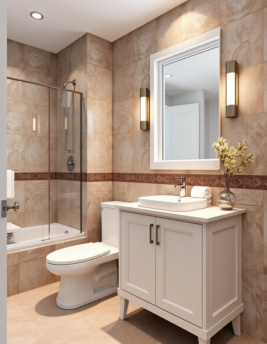 AI Bathroom Design idea created from the prompt: AI bathroom design, tiled surfaces vanity and fixtures, photorealistic interior render, AI bathroom design, tiled surfaces vanity and fixtur