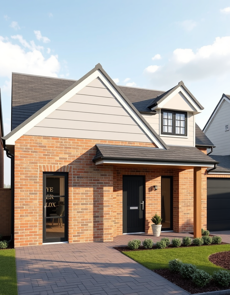 AI House Exterior Design idea created from the prompt: AI house exterior design, facade materials roofline and landscaping, photorealistic render, Left hand side brick wall at the Left hand side